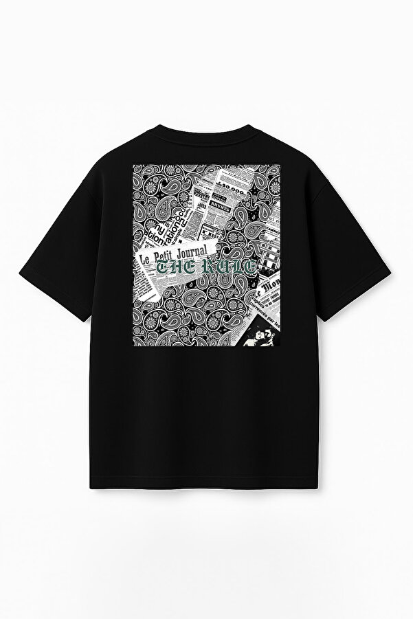 Unisex Gazete Şal Desen Baskılı Oversize %100 Pamuk Geniş Kesim Yumuşak Dokulu Bisiklet Yaka Tişört