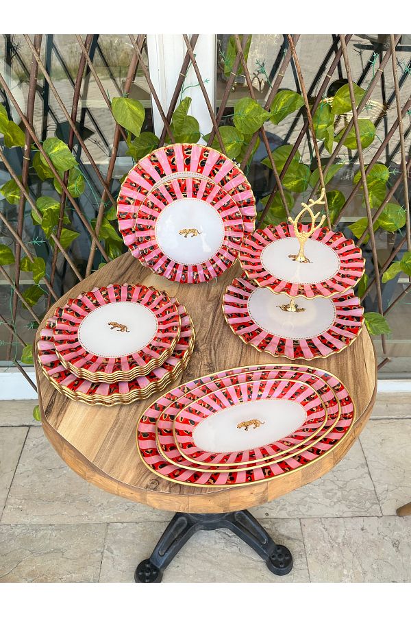 GÜRCÜGLASS-Pink Leopard 17 Pcs Breakfast Set 1