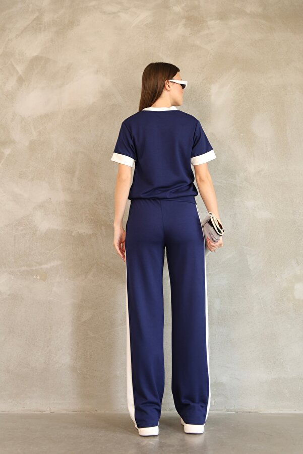 vesantia Women's Navy Blue Cotton Double Stripe Tracksuit Set