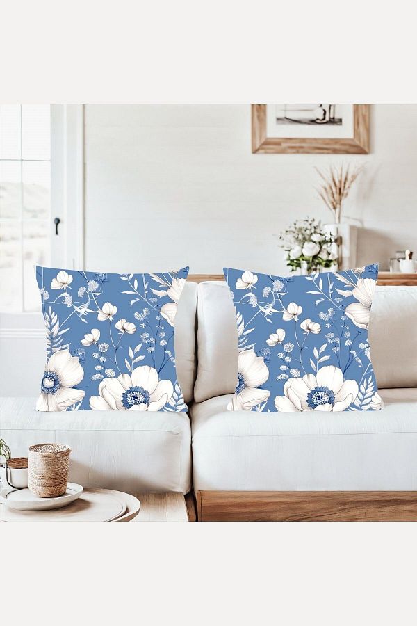 on the clouds-Blue Background White Flower Pattern Combination Hidden Zippered Throw Pillow Cover Sofa Pillow Case Set (2Pcs) 1