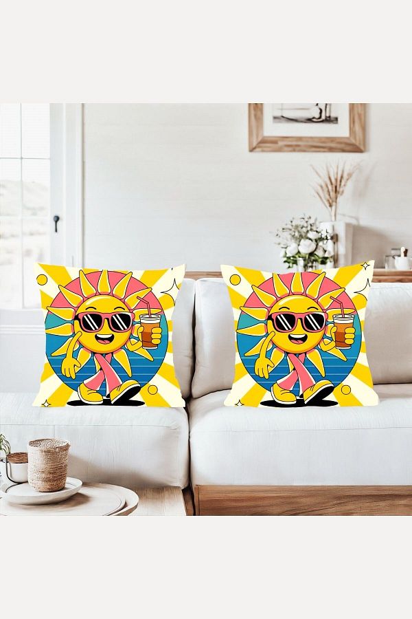 on the clouds-Smiling Sun with Glasses Combination Hidden Zipper Throw Pillow Case Sofa Pillow Case Set (2Pcs) 1