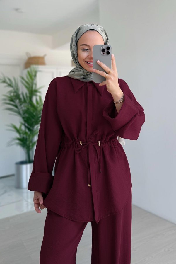Ka Hijab Relaxed Cut Gather Detailed Suit - Claret Red