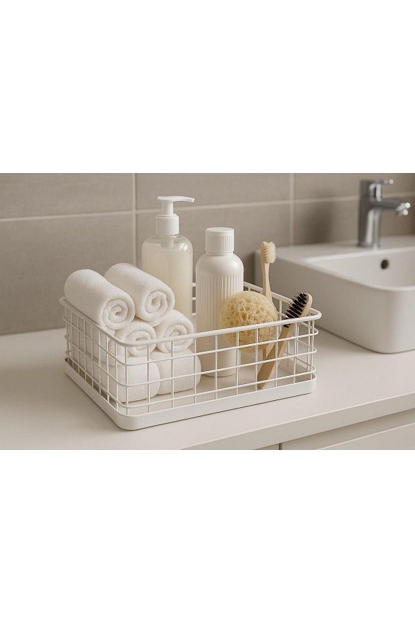 Okyanus Home-Rectangular White Metal Organizer Basket Maxi 18X33 cm 1