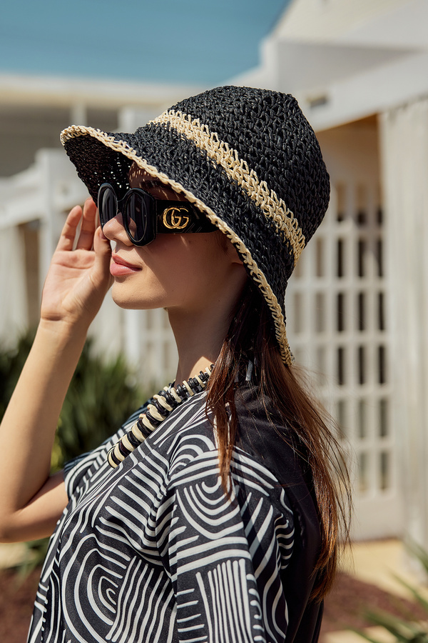 Remsa Mayo Two Color Stripe Hand Knitted Straw Hat Beach Hat Rş