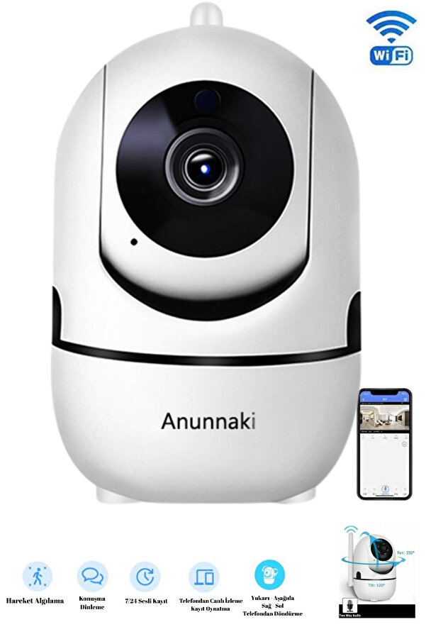 Anunnaki WiFi Bebek Kamerası Sesli, Gece Görüşlü, 360° Döner
