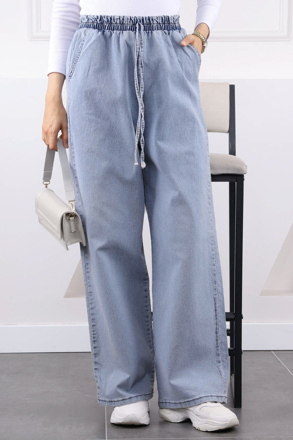 İmajButik-Ice Blue Casual Palazzo Jeans with Elastic Waist 1