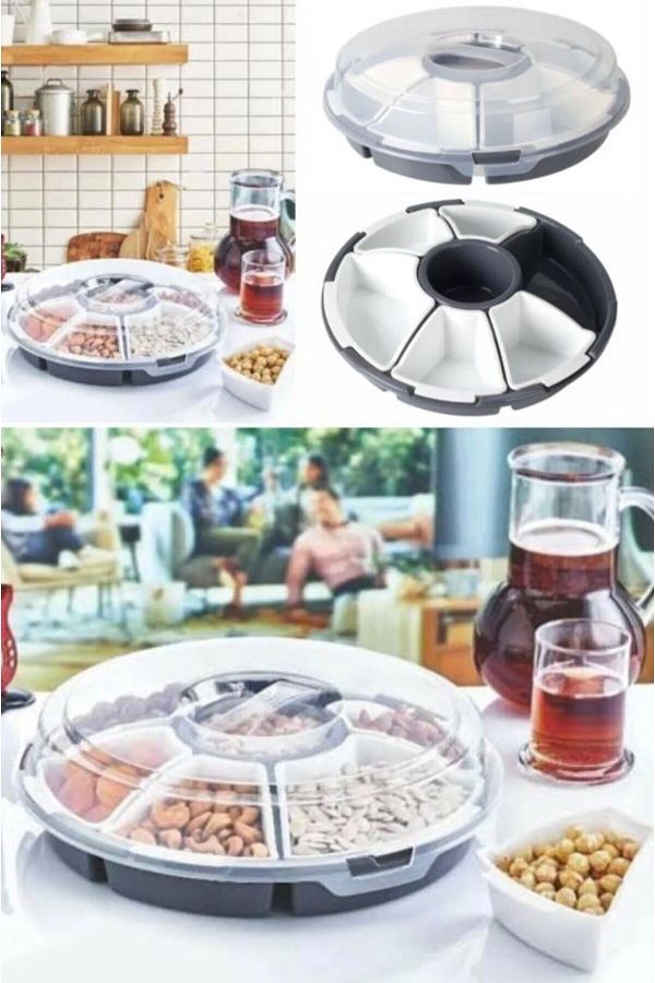 Şener collection-7 Compartment Nut and Snack Presentation Plate with Rotating Lid – Organizer with Transparent Lid 1
