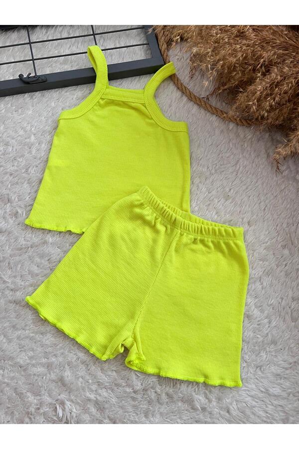 BAHNUR Neon Sarı Fitilli Ribana Bebek Crop Takım Alt-üst Yazlık Şort Takım
