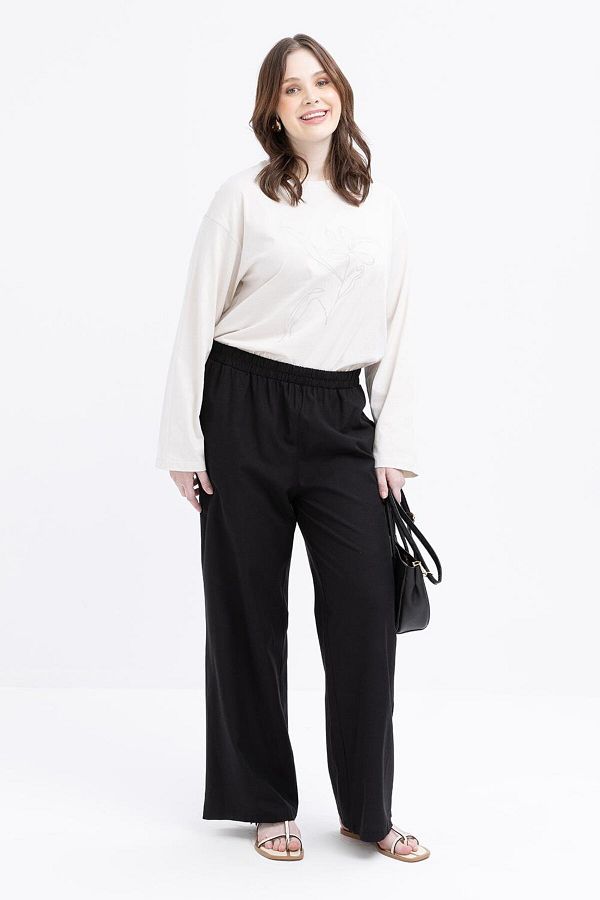 ALLDAY-Black-Large Size Wide Leg Linen Trousers with Elastic Waist 1