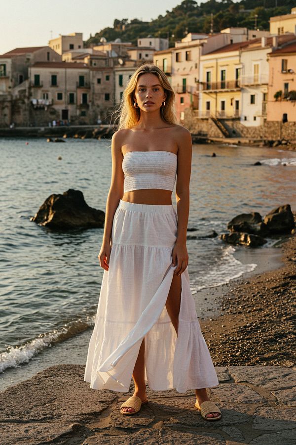 Trendyol Collection-Ecru texturált pánt nélküli blúz szoknya, strandruha TBESS25AU00045 1