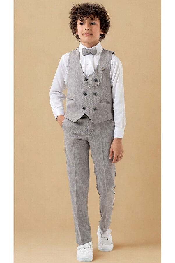 Atlas Kids Erkek Çocuk Smokin Takım Elbise – Pantolonlu Yelekli Papyonlu Gömlekli Zincirli 5’li Set