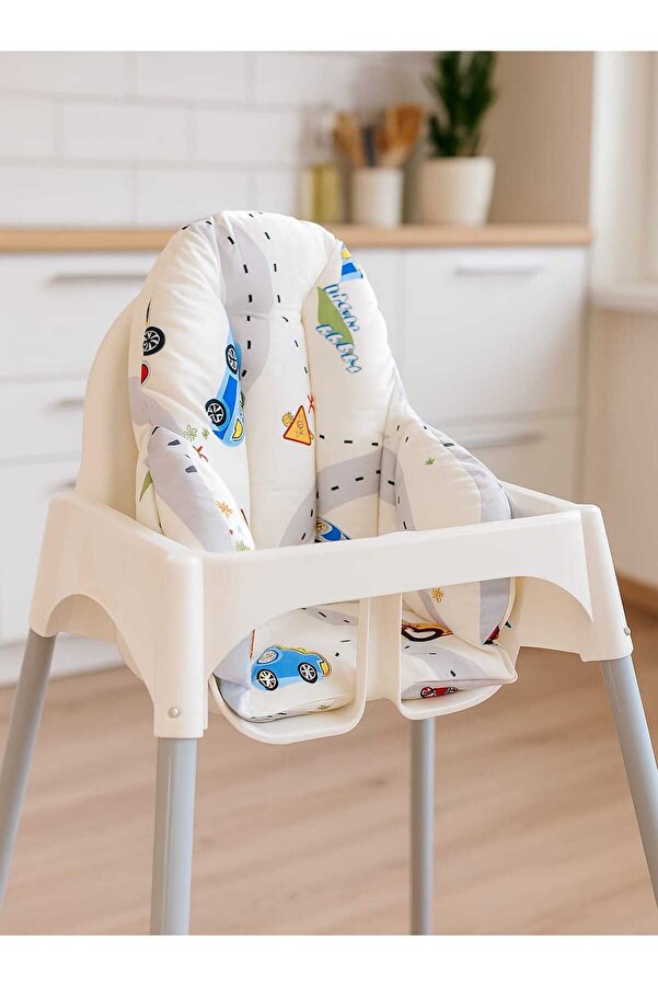 Babynia Pamuklu Bebek Çocuk Mama Sandalyesi Minderi Arabalı Gri Yıldızlı