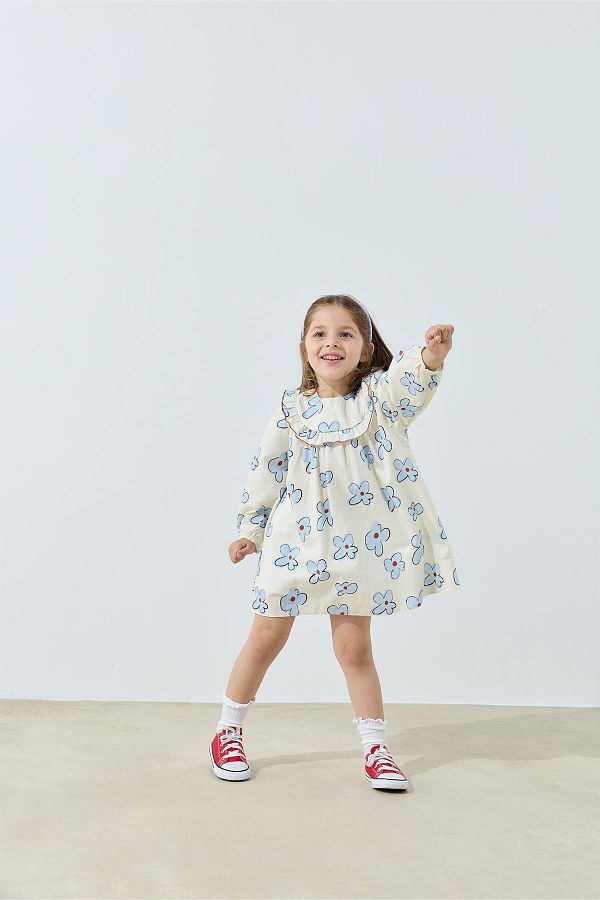 Tics-Ecru Ruffled Floral Patterned Dress 1