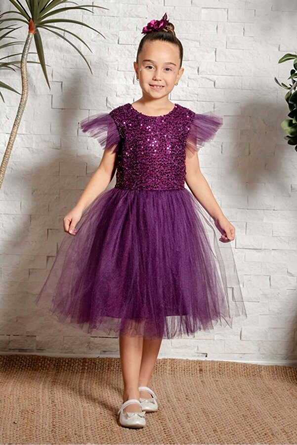 Mnk Baby&Kids Tüllü Kız Çocuk KPL Elbise MNK0526 MÜRDÜM