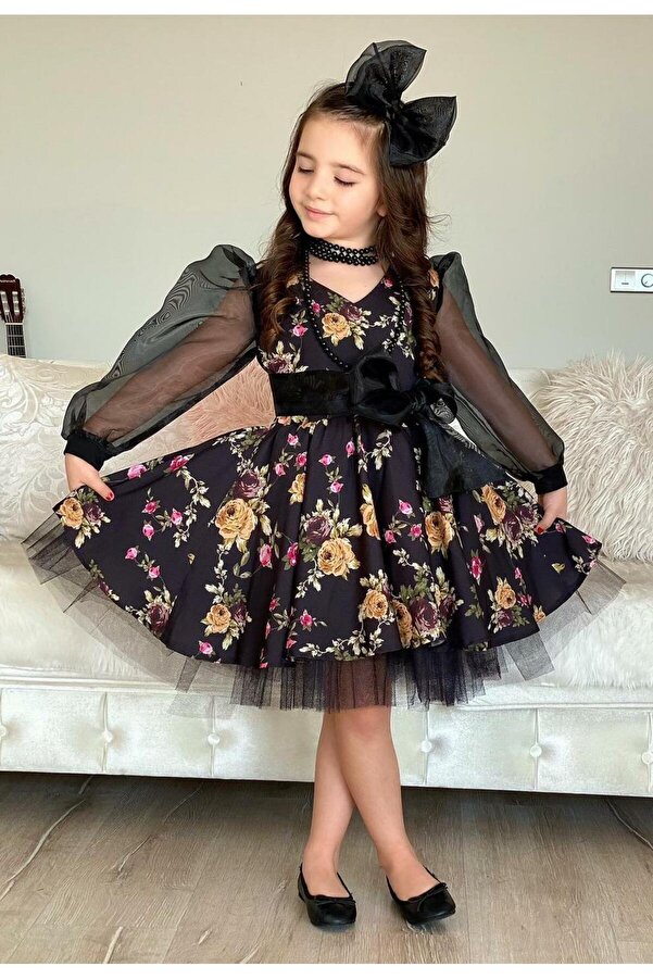 Riccotarz Kız Çocuk Black Flowers Tütülü Elbise