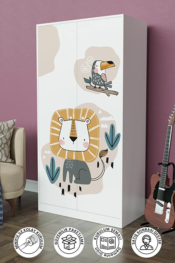 Hediyeler Kapında Jungle Animals Design "Calista" Gardırop 5 Raflı Askılı Çocuk Odasi Elbise Dolabı
