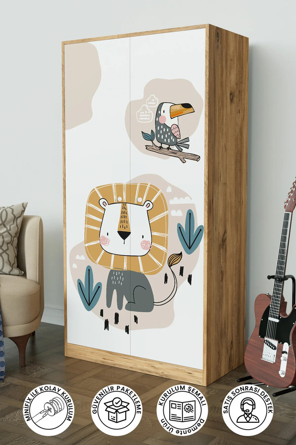 Hediyeler Kapında Jungle Animals Design "Calista" Gardırop 5 Raflı Askılı Çocuk Odasi Elbise Dolabı