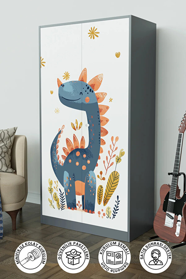 Hediyeler Kapında Minik Dino Design "Calista" Gardırop 5 Raflı Askılı Çocuk Odasi Elbise Dolabı
