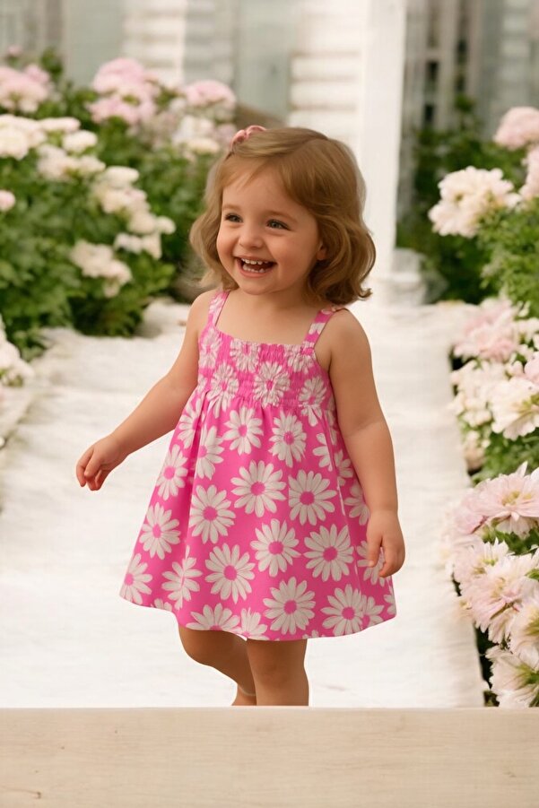 eradstore Yeni Sezon Kız Çocuk Çiçek detaylı Pembe Fırfır yazlık elbise/ Kız bebek elbise