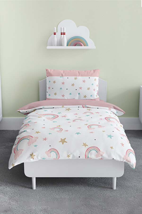 PINKIE HOME Pembe Gökkuşağı Desenli Çarşaflı Nevresim Takımı Çocuk Nevresim Takımı Çocuk Odası Nevresim Takımı