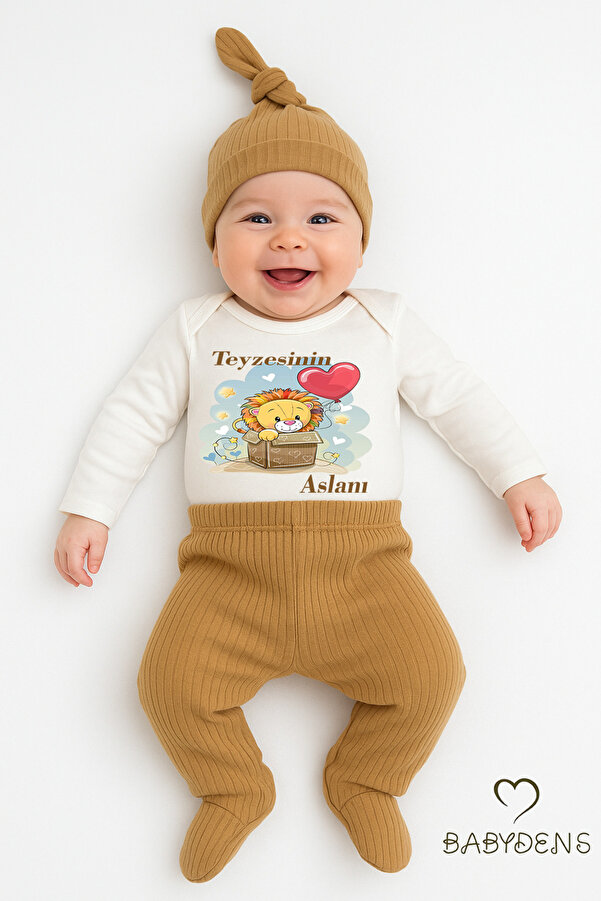 BABYDEN'S Teyzesinin Aslanı 3’lü Bebek Takımı %100 Pamuk Fitilli Kumaş Uzun Kollu Zıbın, Patikli Alt, Bere Set