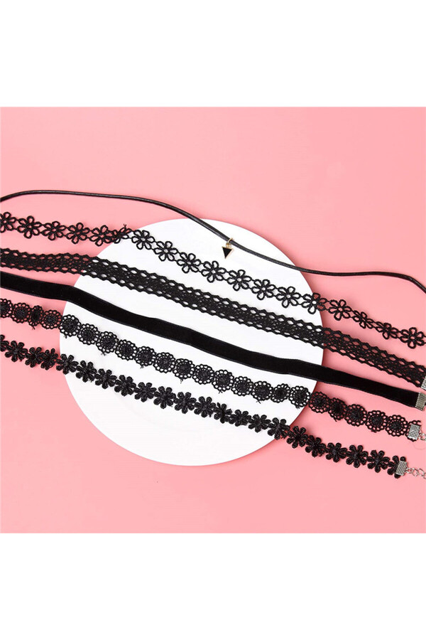 BLACK-Set of 6 elegant choker necklaces, multiple styles, black 1