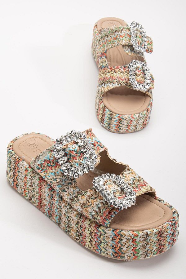 Dilimler Ayakkabı-Women's Wedge Heeled Slippers Nude Two Stripes Square Stone Buckle Coated Sole 1