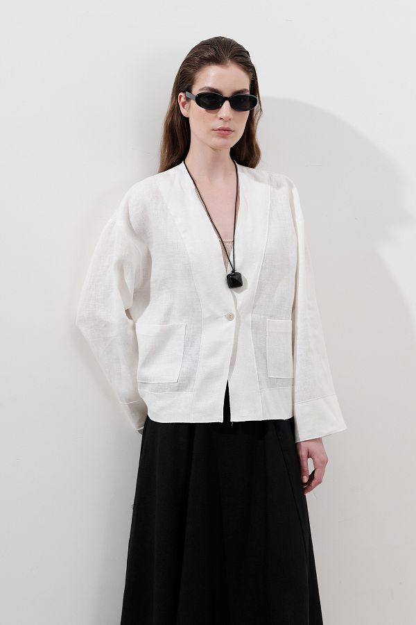 Manuka-Linen Single Button Bluz Ecru 1