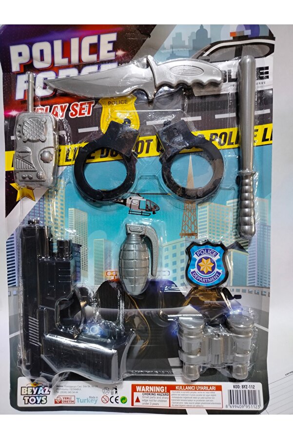 abnturk Oyuncak Polis Seti 8 Parça Tabanca Kelepçe Bıçak Dürbün Telsiz job El Bombası Rozet