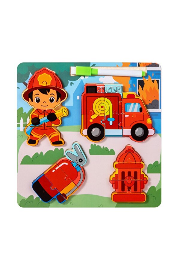 tutobaby Montessori Yazı Tahtalı ve Kalemli 3D Eğitici Öğretici Ahşap Meslek Puzzle Seti-İTFAİYECİ
