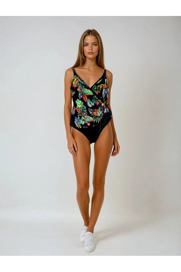 hazelin-Women's Black Feather Pattern V-Neck Side String Drawstring Swimsuit Hzl25S-Lc4007 1