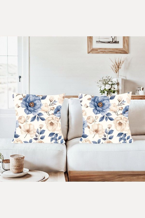 on the clouds-White Background Blue Rose Patterned Combination Hidden Zippered Throw Pillow Cover Sofa Pillow Case Set (2Pcs) 1