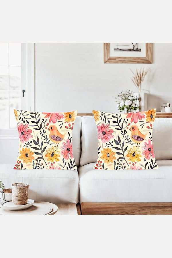 on the clouds-Flower Bird Pattern Combination Hidden Zipper Throw Pillow Cover Sofa Pillow Case Set (2Pcs) 1