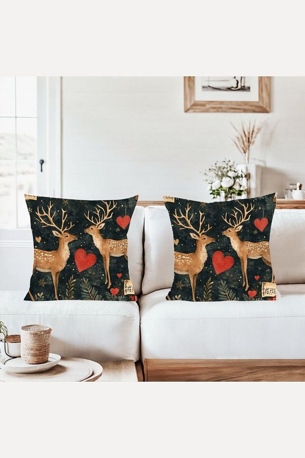 on the clouds-Deer Patterned New Year Themed Combination Hidden Zippered Throw Pillow Cover Sofa Pillow Case Set (2Pcs) 1