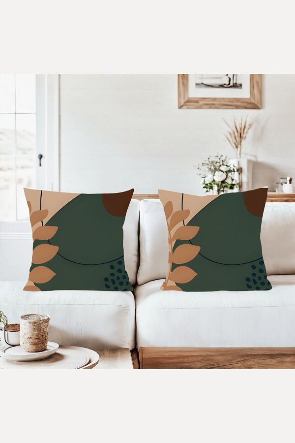 on the clouds-Green Beige Leaf Patterned Combination Hidden Zippered Throw Pillow Cover Sofa Pillow Case Set (2Pcs) 1