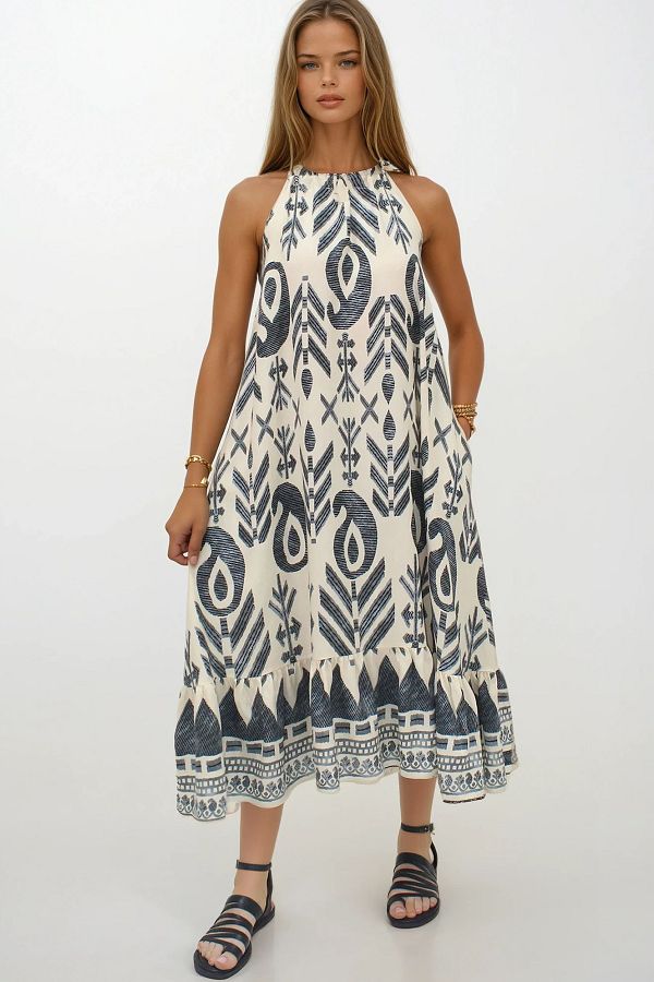VAGGON-Fusta cu șireturi cu model ecru pentru femei Rochie din plasă de lungime maxi cu buzunare duble Rochie Vs00266 1