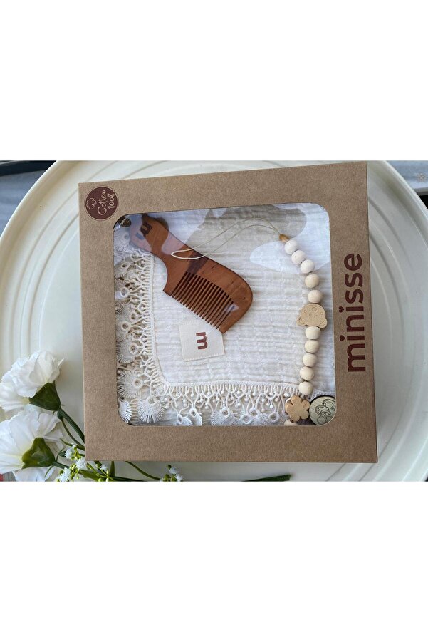 BUCHE Müslin Hoşgeldin Bebek Seti Müslin Battaniye Emzik Askısı At Kılı Fırça Tarak Seti
