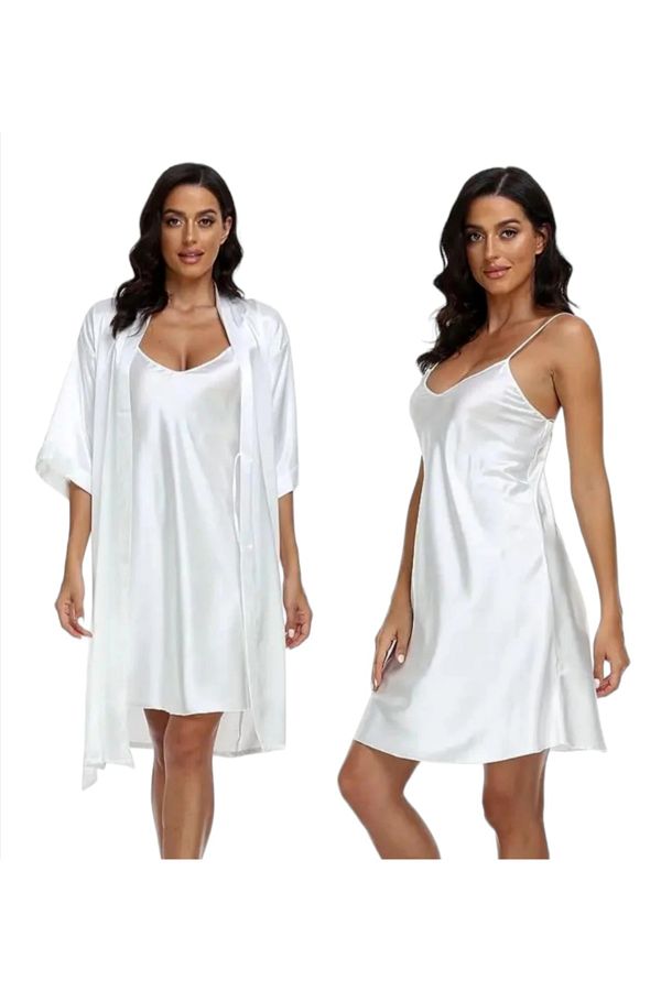 Star Fashion-Women's satin pajamas, 2 pieces, robe and belt, with drawstring at the waist 1