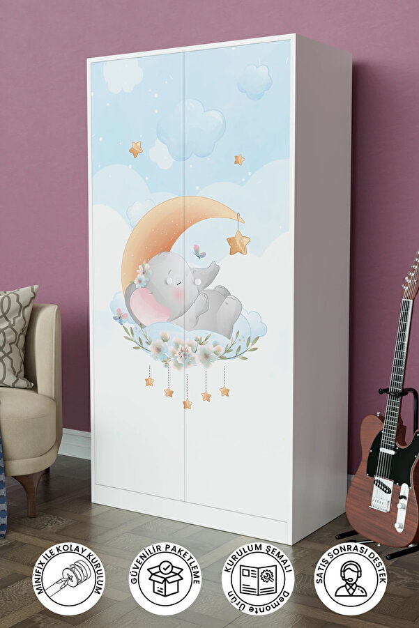 Hediyeler Kapında Minik Rüyacı Design "Calista" Gardırop 5 Raflı Askılı Çocuk Odasi Elbise Dolabı