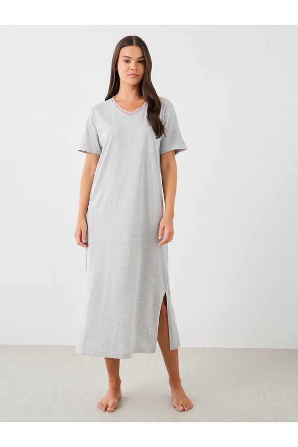 Styli Lace Trim V-Neck Side Slit Nightdress