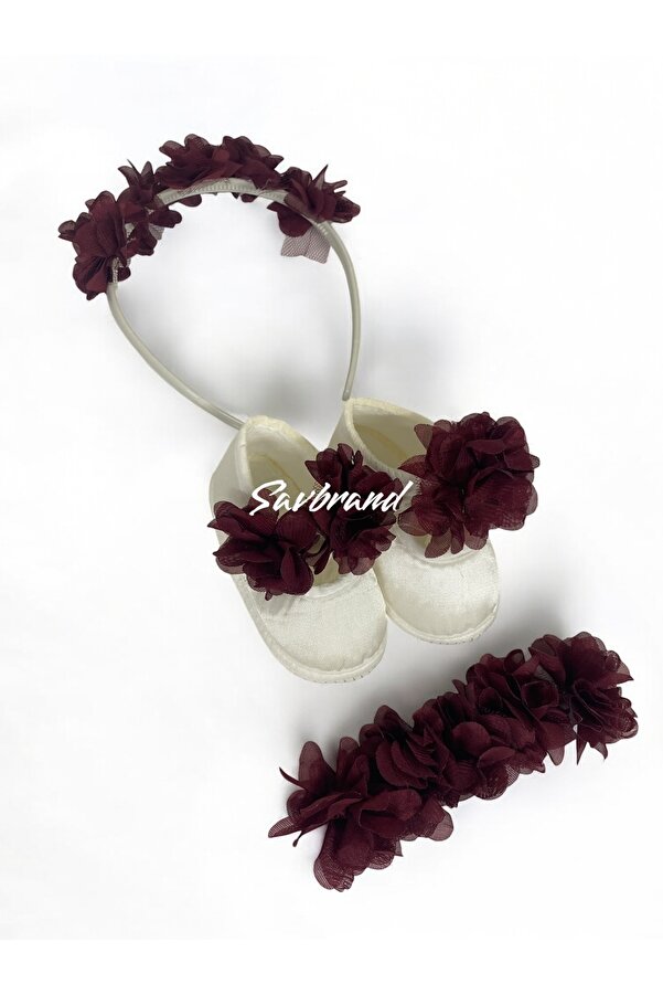 SavBrand Lazer Çiçekli Lohusa Anne Tacı Bandanası ve Bebek Patiği