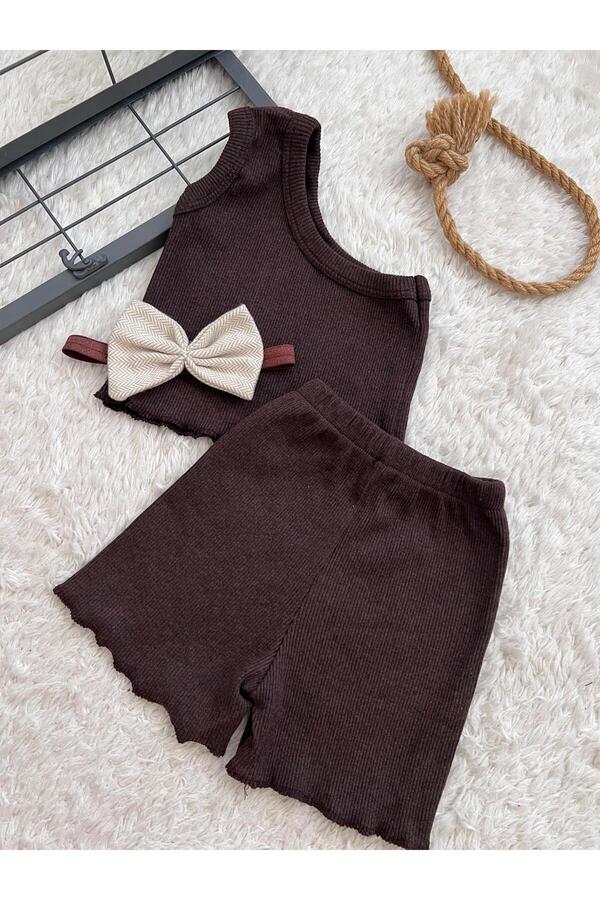 BAHNUR KAHVERENGi Fitilli Ribana Bebek TEK KOL Crop Takım VE BANDANA Alt-üst Yazlık Şort Takım