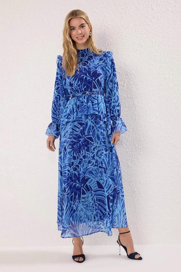Trendyol Modest-Φόρεμα Saks με επένδυση από σιφόν υφαντό λουλούδι TCTSS25EB00097 1
