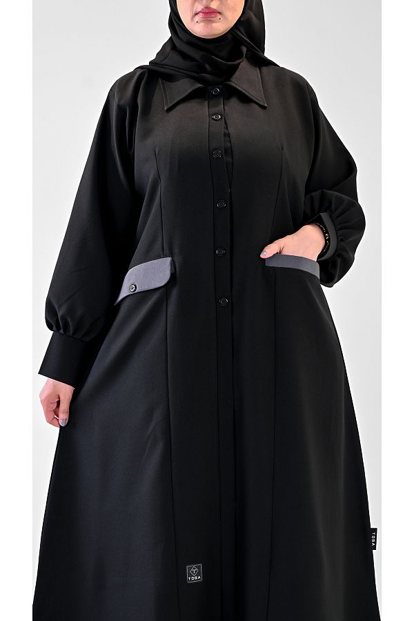 GENERAL-Black linen abaya with a turn-up collar and gray pockets - formal work design 1