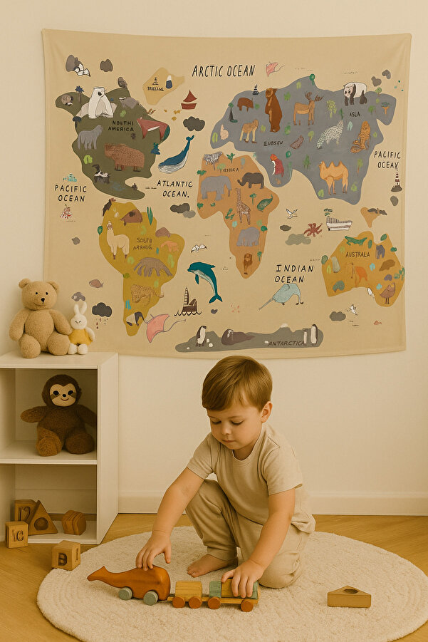 ALAMODECOR Organik Pamuklu Kumaş Dünya Haritası Duvar Örtüsü Çocuk Odası Hayvanlı Dünya Haritası