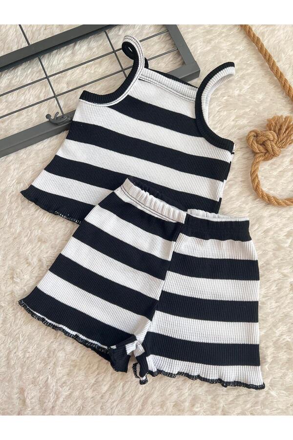 BAHNUR Çizgili Bebek Çocuk Crop Takım Alt-üst Yazlık Şort Takım