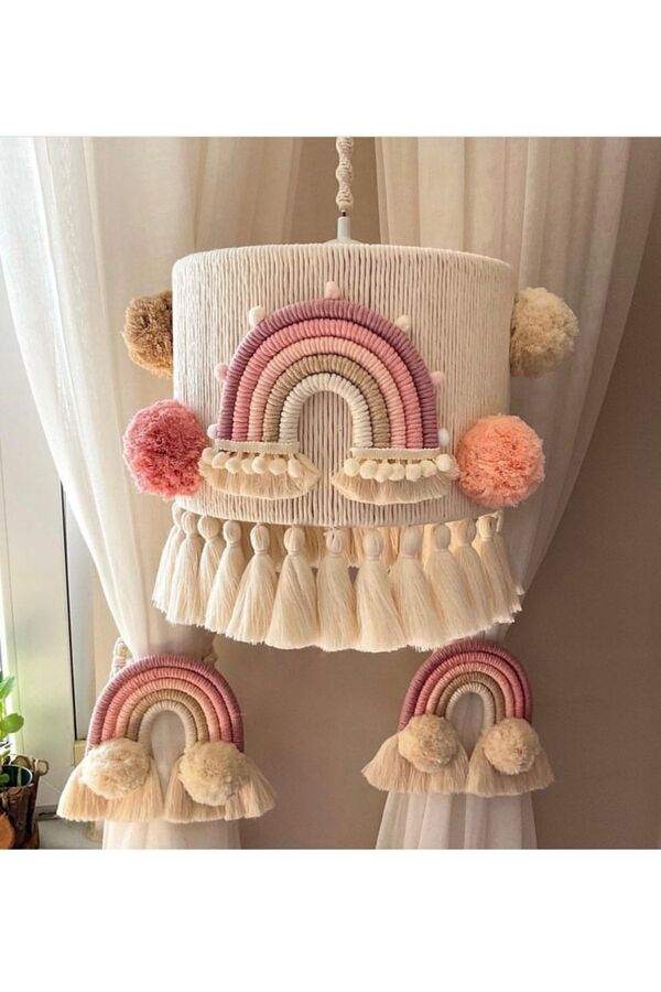 Tasarı Sanatı Bebek / Çocuk Odası Özel Tasarım Gökkuşaklı Makrome Avize Ve Perde Bağı