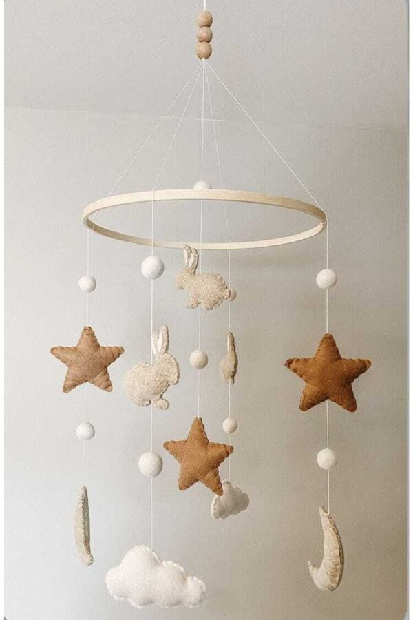 beberinos Ekru Kahve Tonları Tavşan %100 El Yapımı Bebek Beşik Süsü Dönence