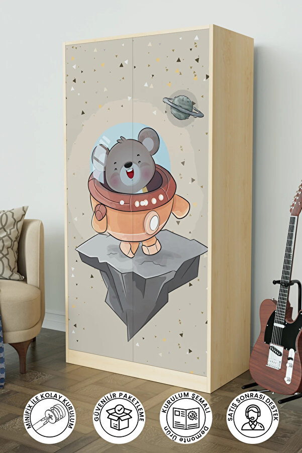 Hediyeler Kapında Little Astronaut Design "Calista" Gardırop 5 Raflı Askılı Çocuk Odasi Elbise Dolabı