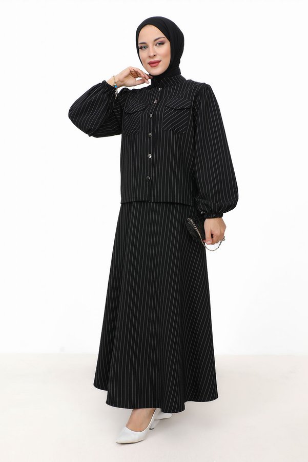 Tesettür Dünyası Hira Striped Skirt Suit TSD231203 Black